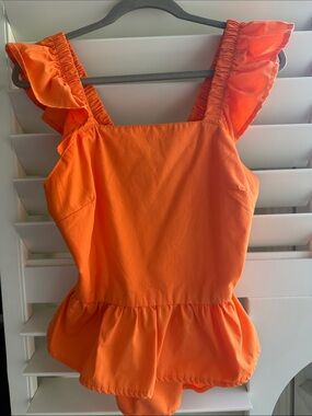 Bright Orange Ruffle-Shoulder Peplum Tank Top - Sexy Back